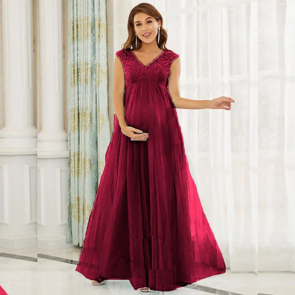 Fashion Elegant Pregnant Woman Dress Sleeveless V Neck Long Summer Dress Sexy Party Dress Female Chiffon Maxi Red Pink Dress