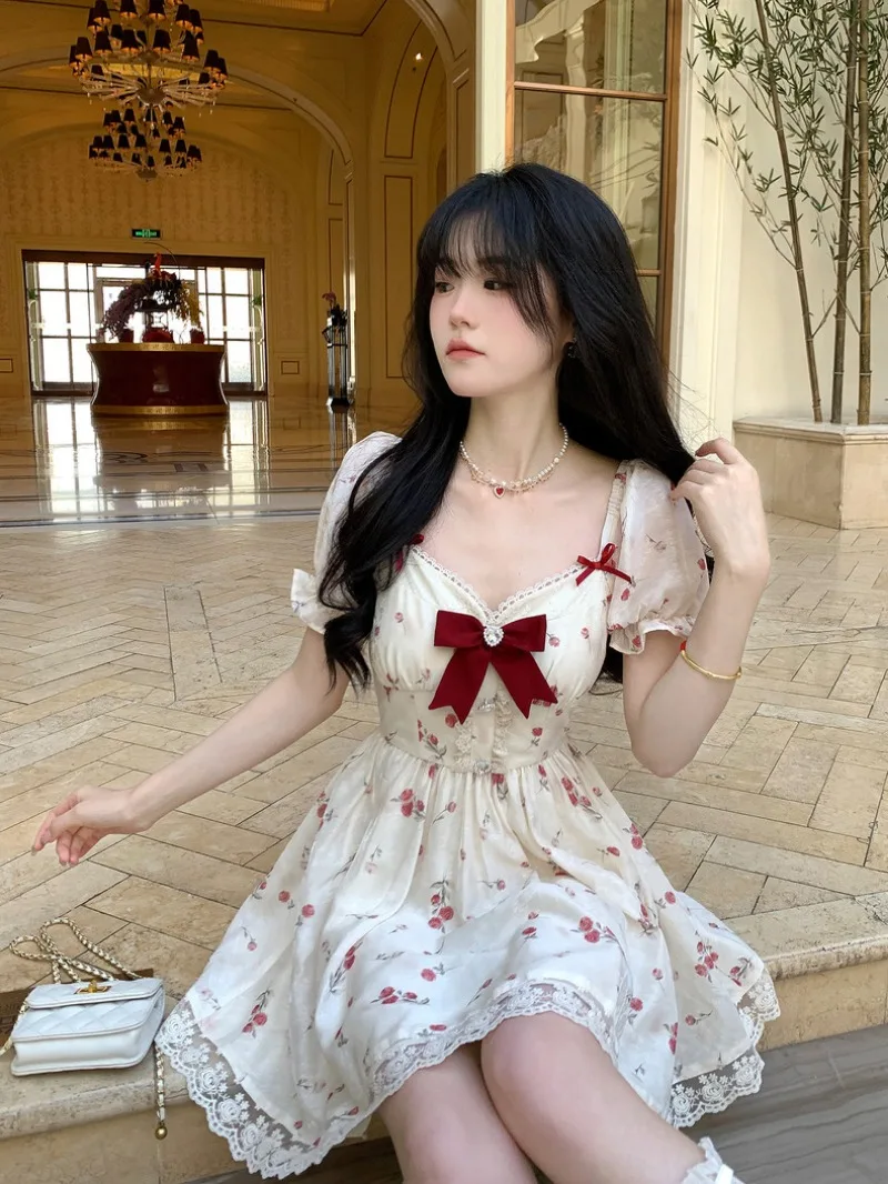 Sweet bow Dress Women V Neck Kawaii Lace Trim Mini Dress New 2024 French Floral A-line Princess Dress Elegant Party Dresses