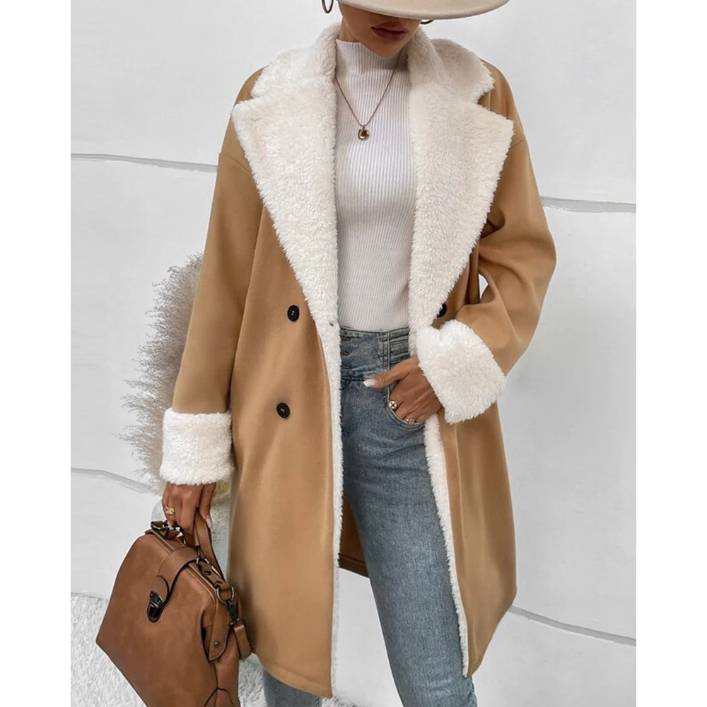 Winter Fashion Women Casual Teddy Double Breasted Nothched Fluffy Coat Femme Trendy Elegant Colorblock Long Sleeve Overcoat traf