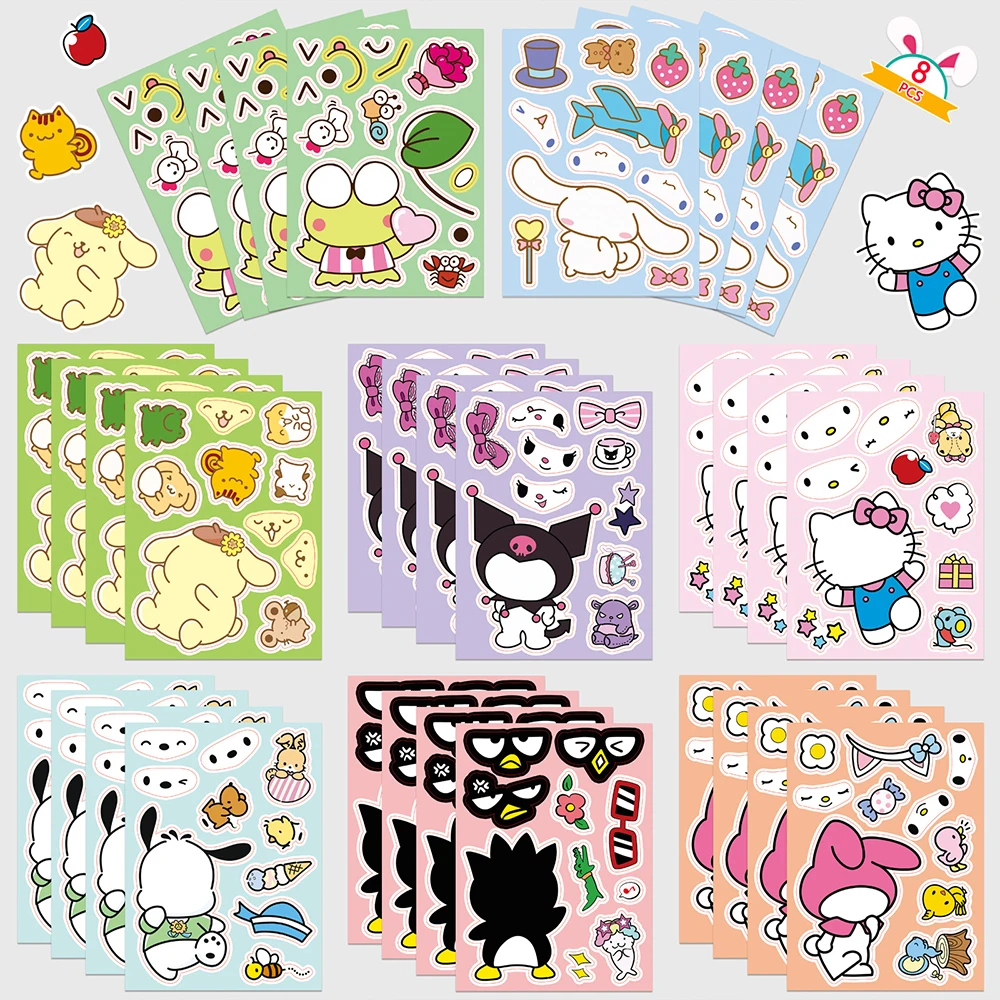 8/16Sheets Sanrio Cartoon Make a Face Puzzle Stickers Hello Kitty Kuromi Children Assemble Jigsaw Funny Games Kids Party Gifts