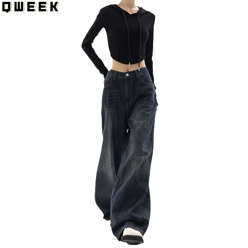 QWEEK Vintage High Waist Jeans Women Y2k Harajuku Loose Korean Fashion Wide Leg Pants Oversized Straight Casual Denim Trousers