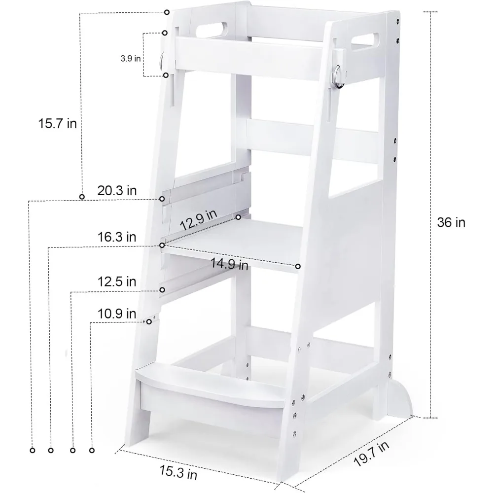 Bamboo Toddler Step Stool White Helper Standing Tower Height Adjustable with Anti-Slip Protection freight free