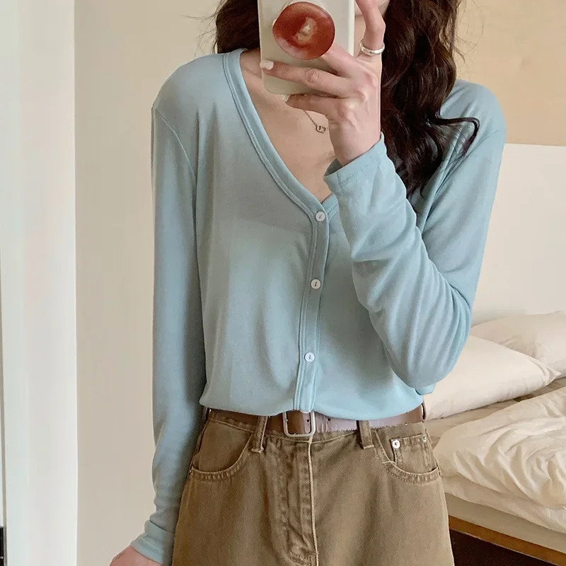 

Вязаный кардиган женский весна-лето с v-образным вырезом однобортный с длинным рукавом однотонный тонкий женский солнцезащитный корейский стиль универсальный