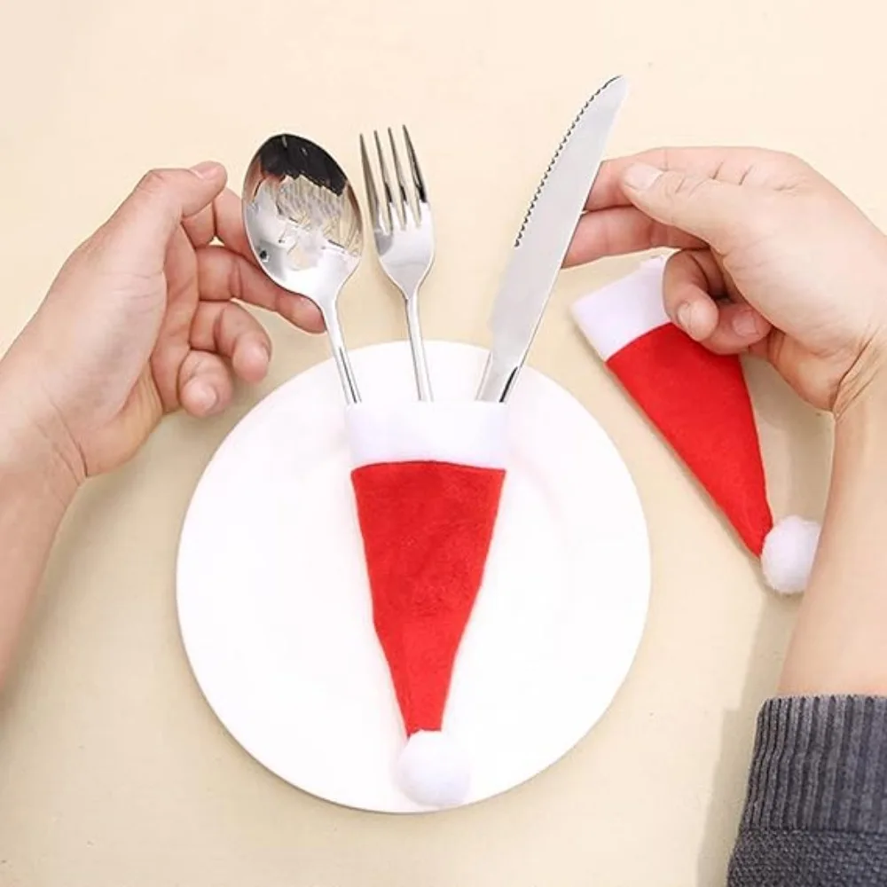 1-500 قطعة عيد الميلاد الصغيرة سانتا قبعة لطيف غطاء زجاجة النبيذ سكين وشوكة غطاء مصاصة قبعة حلية أدوات المائدة الطرف ديكورا