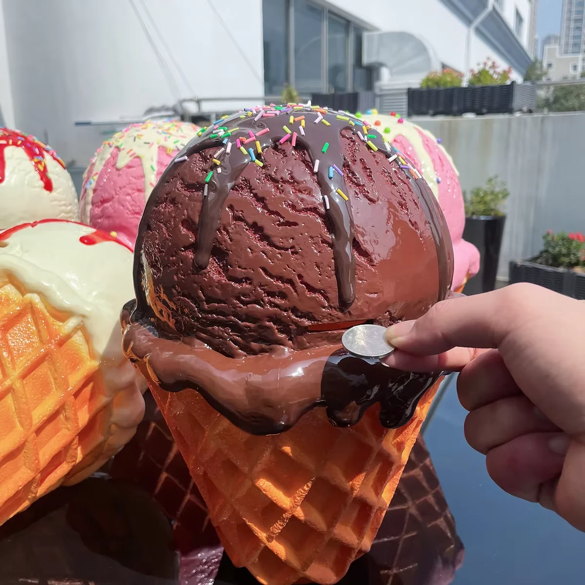 1PC Giant Fake Ice Cream Cone Piggy Bank - Simulation Chocolate Ice Cream Money Box for Home Decor, Gift & Shop Display