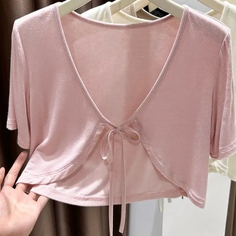 

Women's V-neck Tie-back Short Crop Cardigan Sheer Knit Top Multi-color Casual Layering Blouse