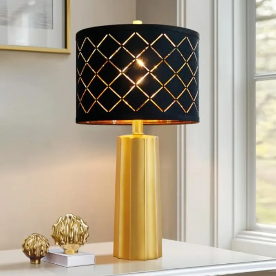

24" Modern Table Lamp for Living Room Bedroom Nightstand Resin Lamp with Black Grid Shade