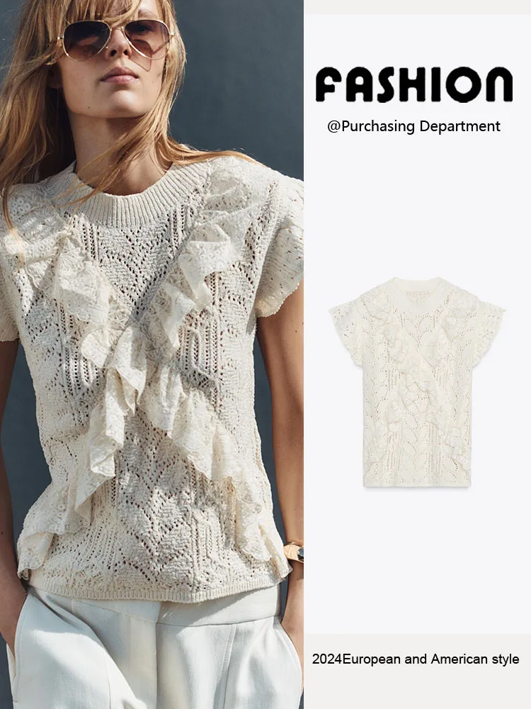 New Summer 2025 Women's Knitted Top with Embroidered Layered Decorative Me Fabric Commute Sle 00% Other Material
