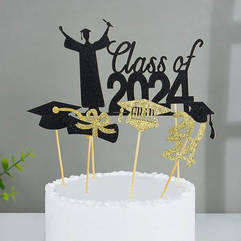 2024 Congrats Grad Paper Cake Toppers Congratulation Class Of 2024 Graduate Birthday Capcake Topper Cake Decoration Multi-Styles