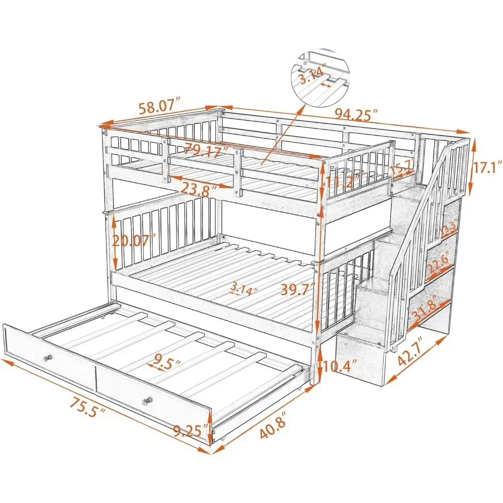 Bunk Bed ,with Stairs and Trundle,with Storage, for Kids Teens Adults ,Wooden Bunk Bed Frame