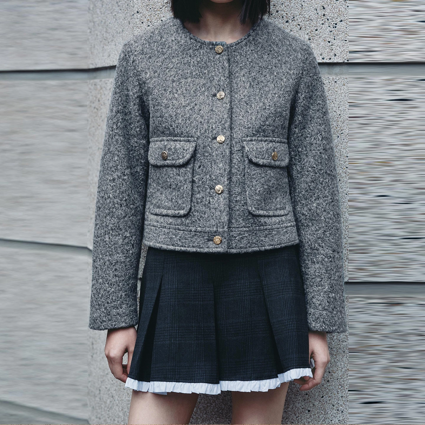 Ele Autumn 2025 Women's Faion Outerwear Gold Button Decorated Tweed Jaet Stand Fit ort Sve Long Coat Z