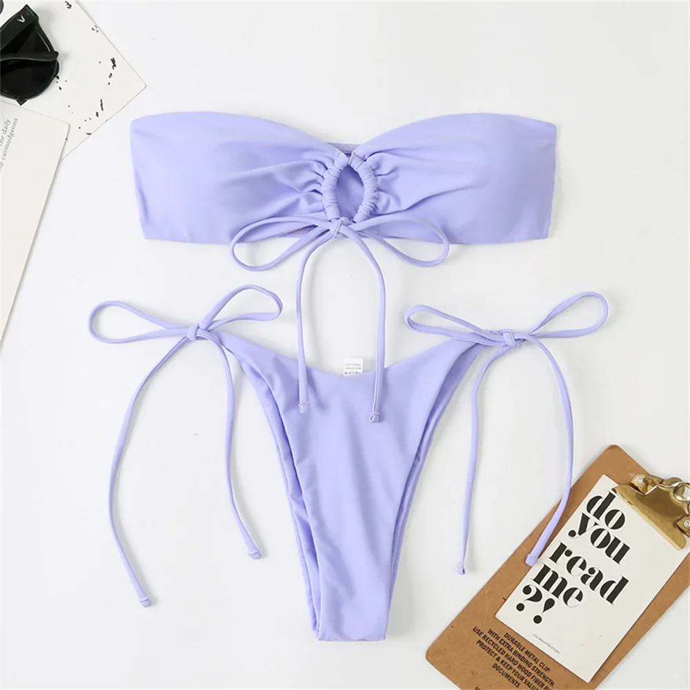 Cute Strapless Bandeau Swimsuit Micro String Sexy Bikini Thong Y2K Swimwear Bathing Suit Women Beachwear Outfit Biquini Feminino