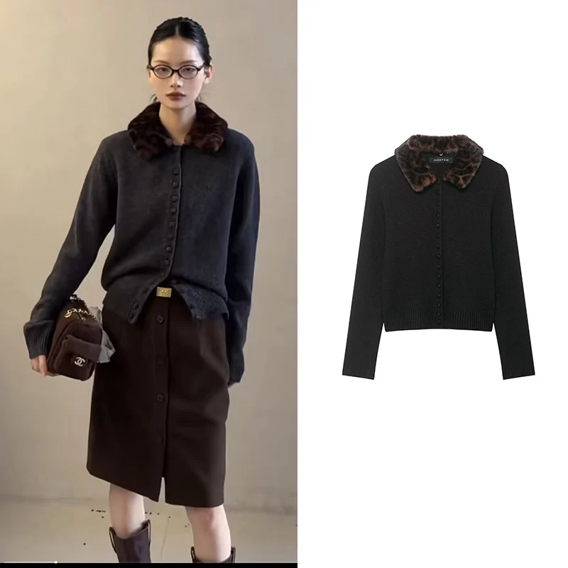 

Sweater Cardigan Women's Spring 2025 New Fashion Slim Leopard Fur Collar Women Cardigan Youth Chic Long-Sleeved Knitted Sweater