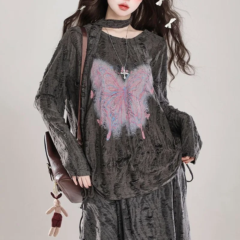 

American ripped butterfly print sunscreen blouse loose drawstring spice top spring and summer