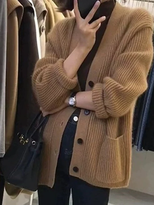 

Женский вязаный кардиган свободного кроя с V-образным вырезом, мягкий и уютный, на осень-зиму, повседневный, модный, теплый, комфортный, из хлопка