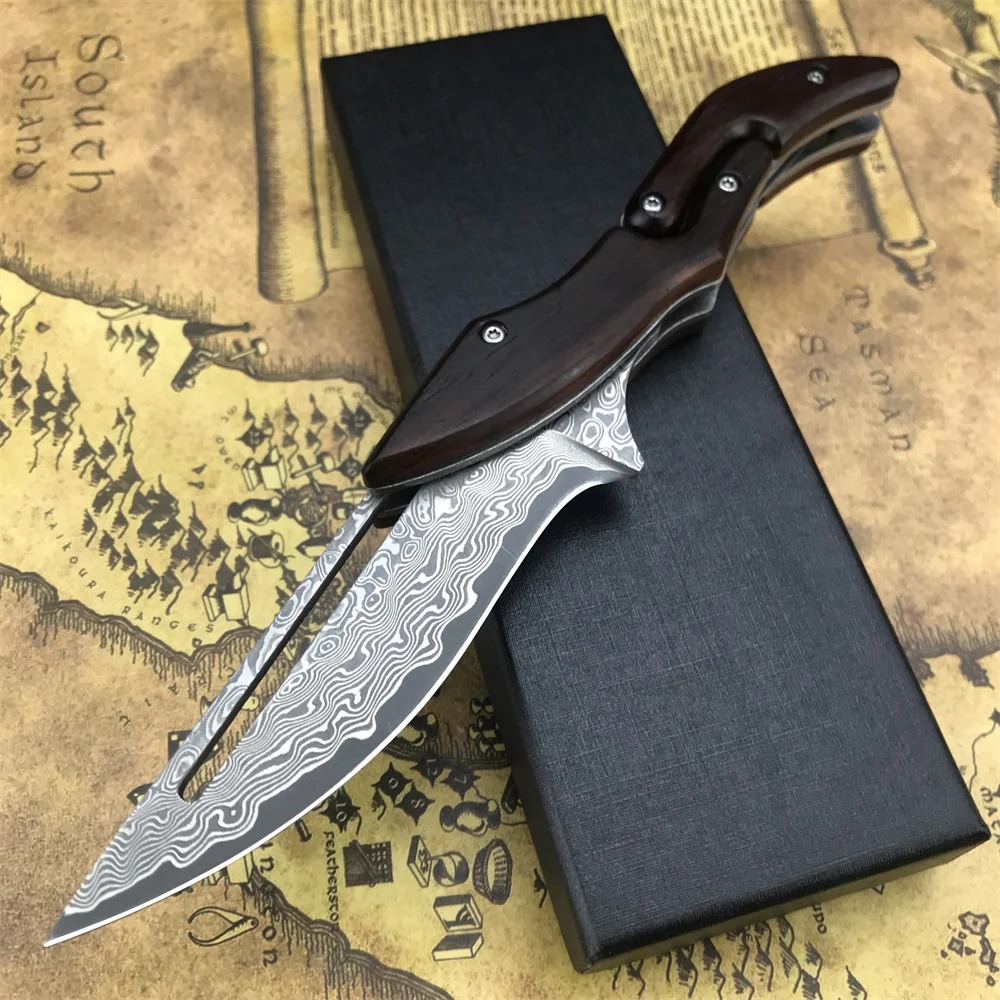 High Quality Damascus Steel Folding Knife Rosewood Handles Utility Tactical Safety Knives Adventure Hunting EDC Multi Tools