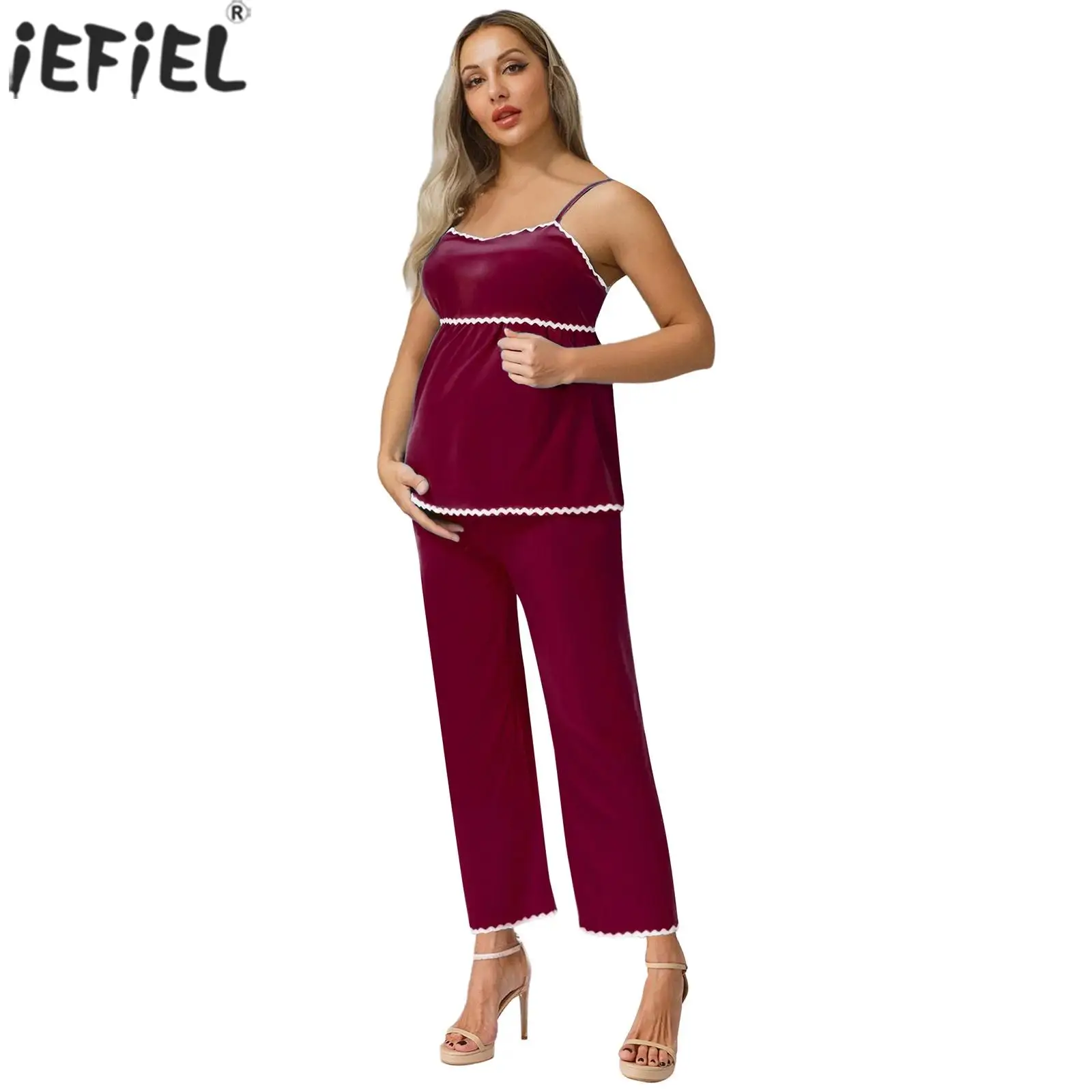 

Pregnant Women Clothing Fashion Bohemian Style Two-piece Set Adjustable Spaghetti Strap Tops Wide Leg Pants Maternity Daily Wear