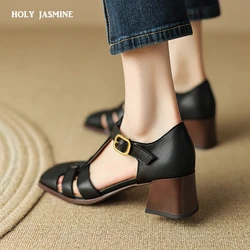 2023 Women Sandals Pumps Summer Retro T-Strap Narrow Band Genuine Leather Thick Heels Gladiator Shoes Woman Casual Party Shoes