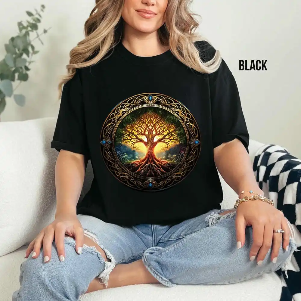 Vintage Women Yggdrasil Tree of Life T-shirt Dark Academia Norse Viking Pagan Graphic Tee Crewneck Unisex Y2K Top Streetwear