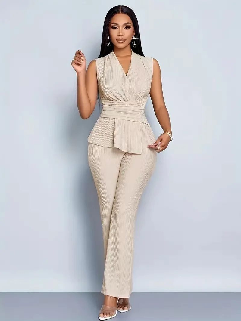 Women's Elegant 2 Piece Outfits Sleeveless V Neck Pleated Peplum Top And Straight Leg Pants Set Casual Office Workwear Matching