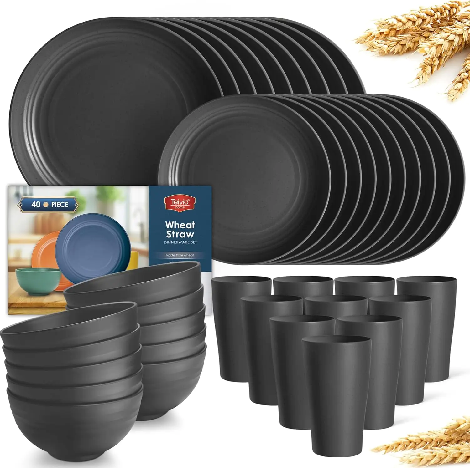 

40-Piece Kitchen Plastic Wheat Straw Dinnerware Set, Service for 10, Dinner Plates, Dessert Plate, Cereal Bowls, Cups 13.