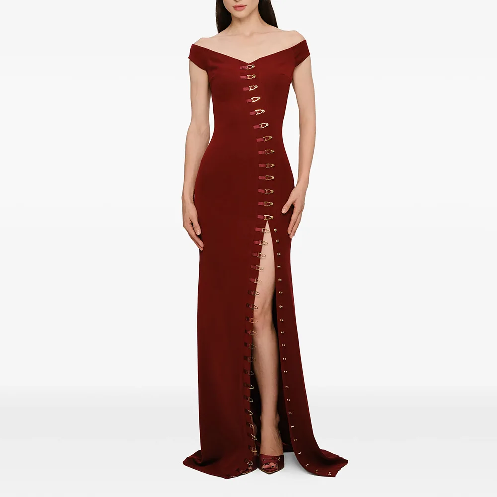 

Newest Fashion 2026 Designer Vestido Women's Slash neck And Off Shoulder Metal Breasted Long Dress