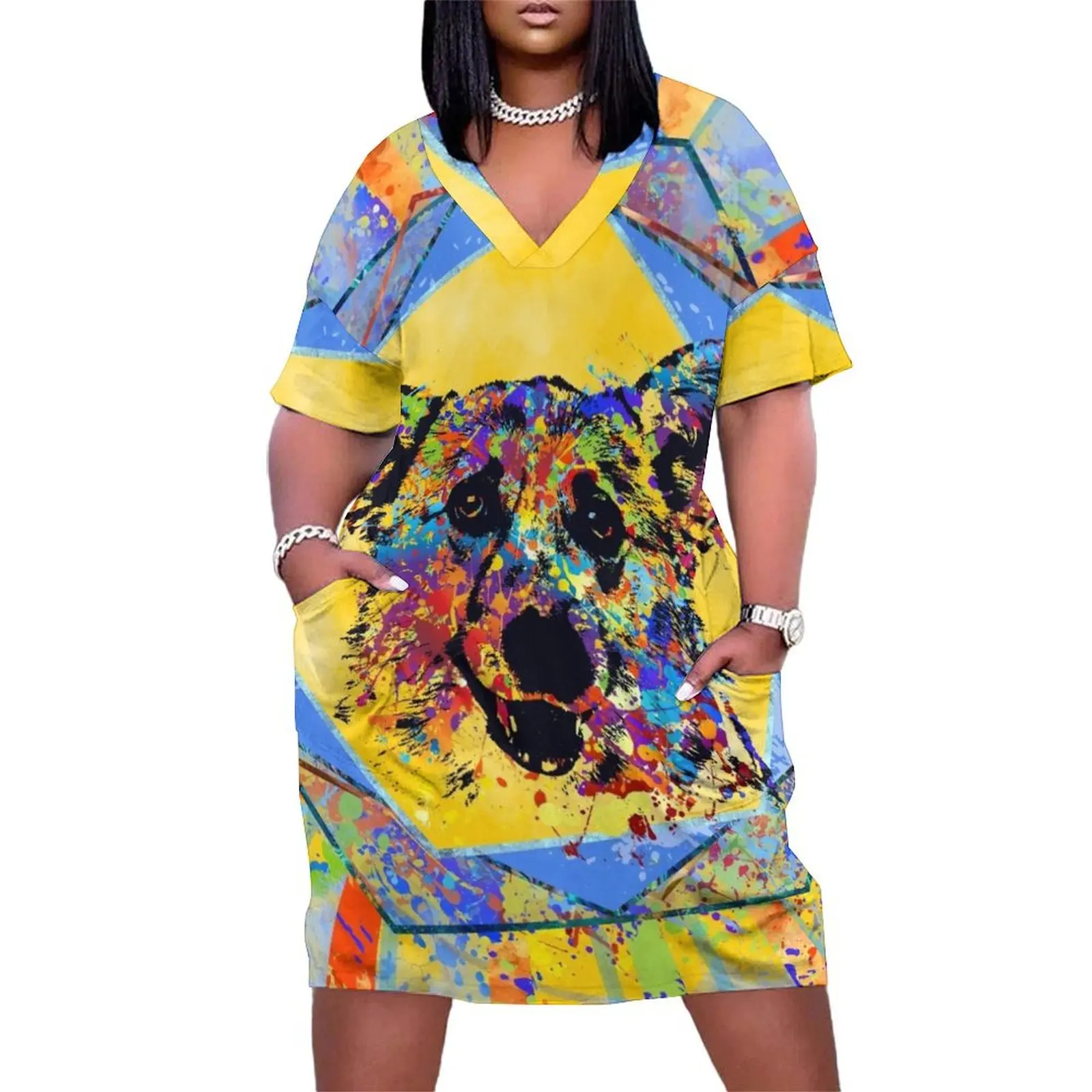 Colorful Corgi Portrait Abstract Mixed Media Loose Pocket Dress women