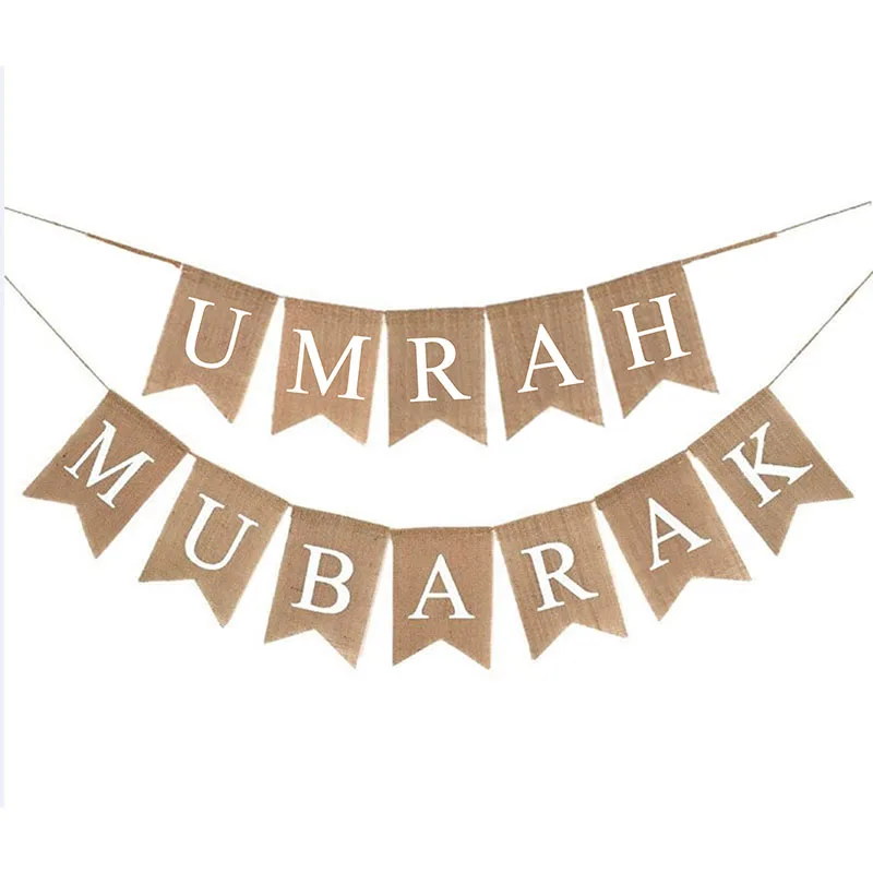 Omra Mubarak Banner, Hajj Mubarak Banner,Burlap Jute Hessian Elegant Rustic Vintage Ramadan mubarak  Decorations Supplies