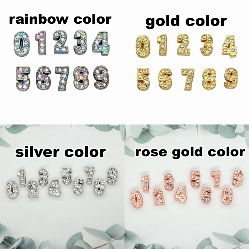 Alloy Gold color 8/10mm Hole Rhinestone Slide Number Charms For Key Chain Bracelet Necklace Chain Hat Phone DIY Accessory Gift