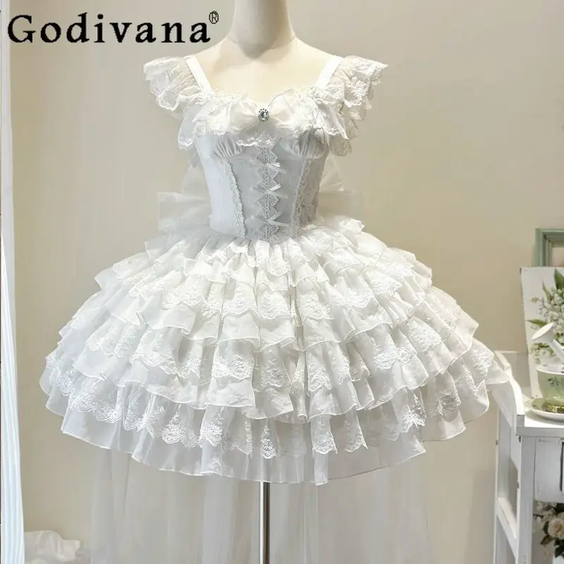 

Original Design Lolita White Suspender Dress Jsk Sweet Cute Girls Bow Lace Long Trailing Princess Birthday Party Dresses Summer