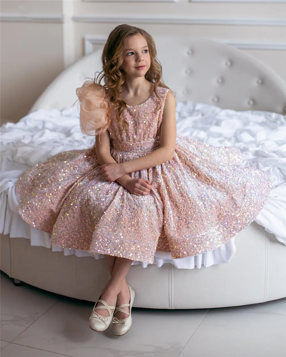 Robe à fleurs pour filles, rose brillant, à paillettes, bouffante, longueur aux genoux, robes de première Communion pour filles