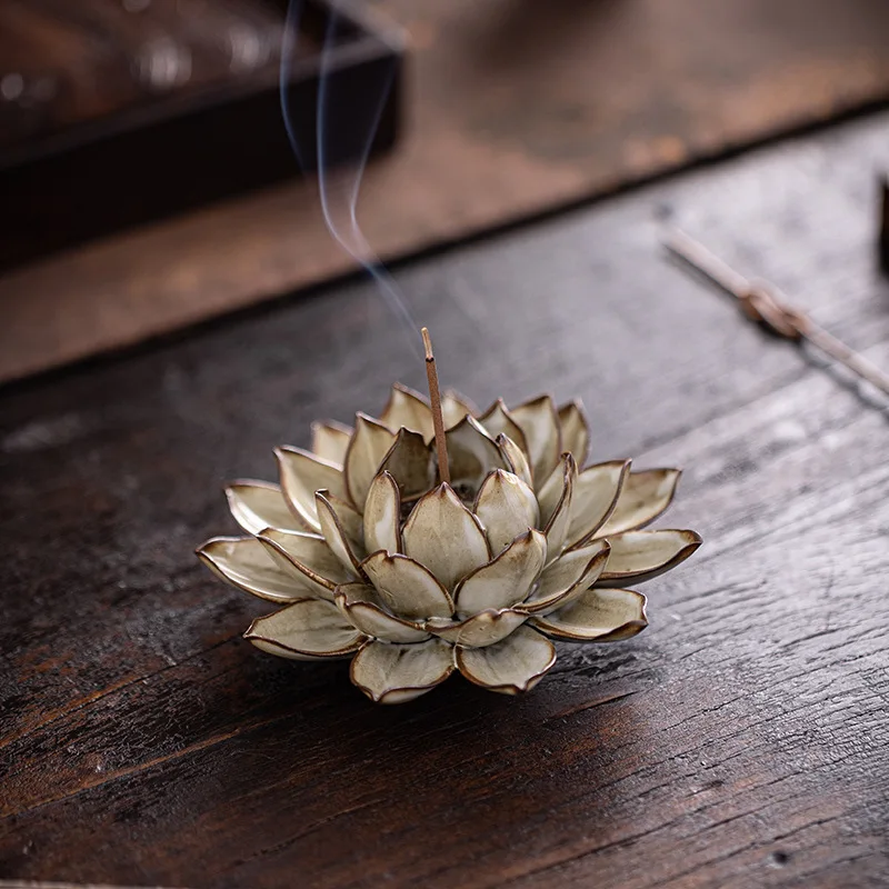 Creative Handmade Ceramic Incense Holder Lotus Shaped Stick Incense Burner Vintage Desktop Home Decor Ornament