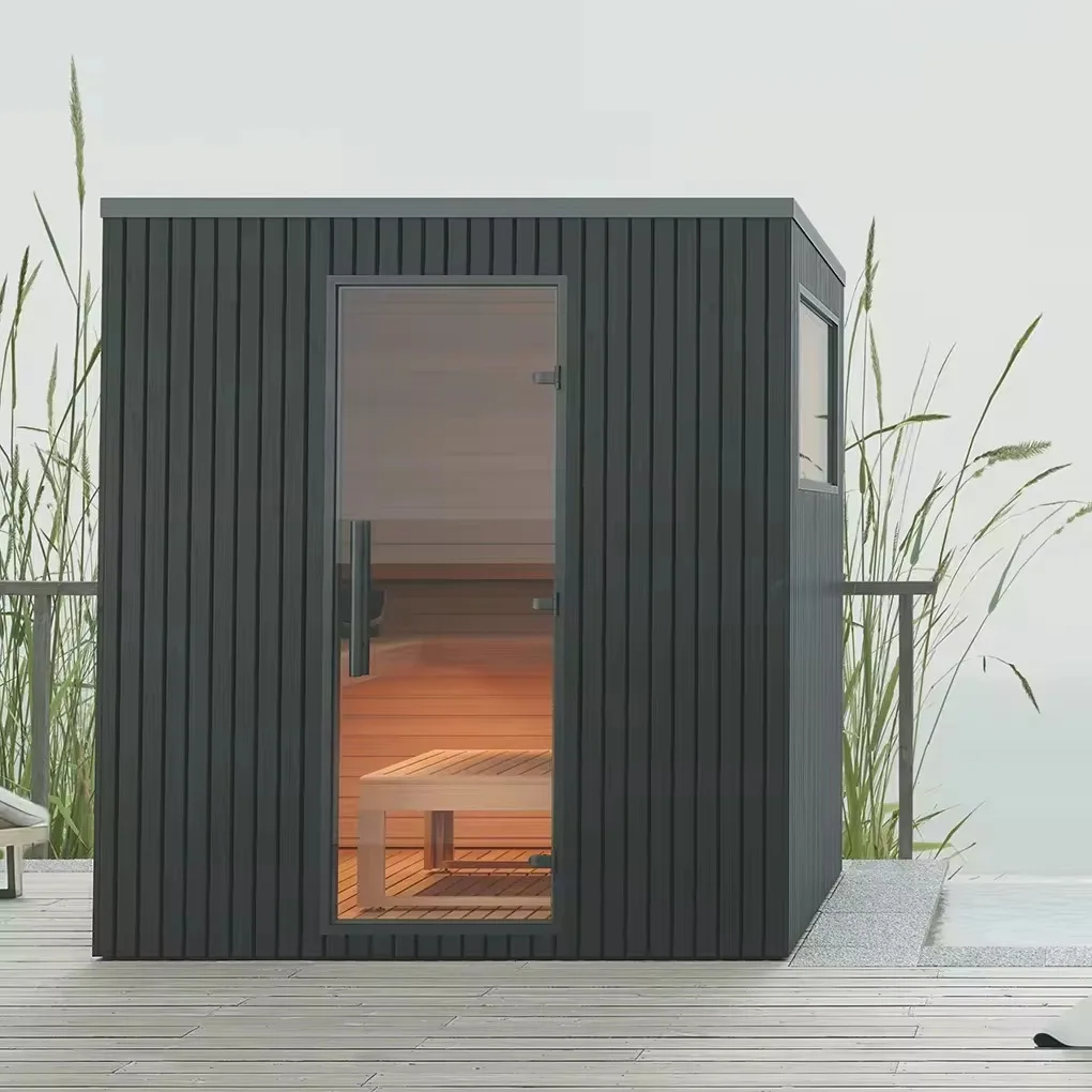 Red Cedar 4 people outdoor cube sauna 9 kW outdoor panoramic sauna