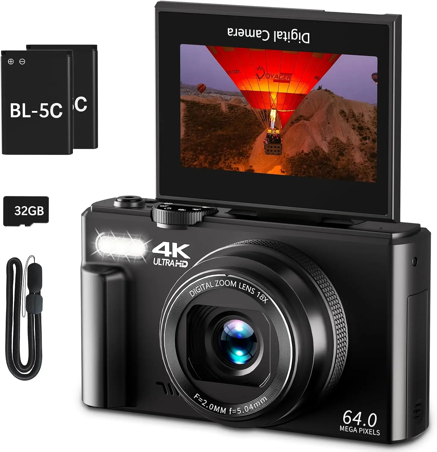 4K Digital Camera for Photography, 64MP Vlogging with 3" Flip Screen, 18X Zoom, Includes 32GB SD Card for Beginners