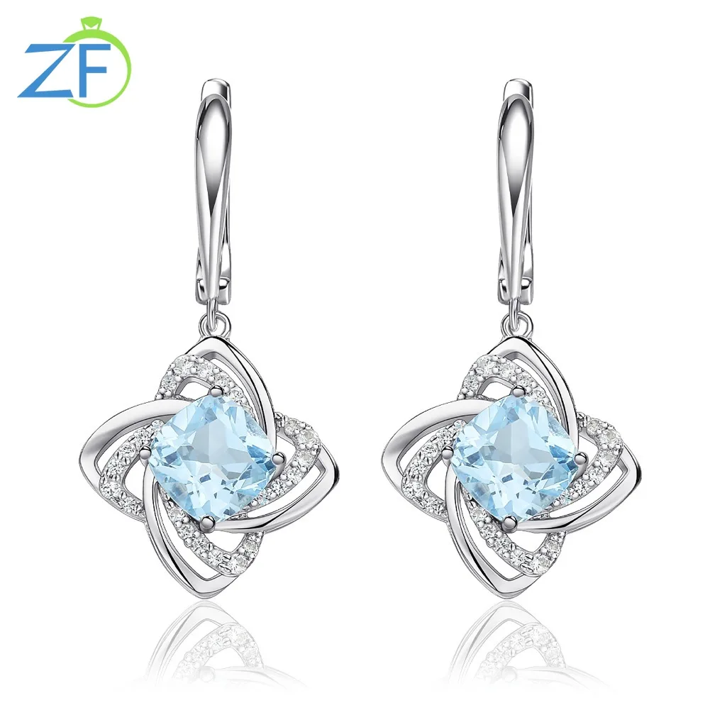 

GZ ZONGFA Luxury Natural 3.8ct Sky Blue Topaz Clip Earrings for Women Geometric Lovely Rhodium Plated Fine Jewelry Party Gifts