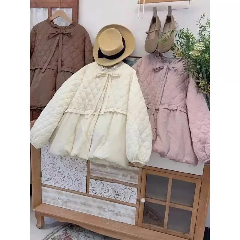 Winter Koreanische Mode Süße Rüschen Quilten Hoodie Mantel Harajuku Frauen Casual Mori Mädchen Kawaii Nette Lolita Rokoko Mantel Parkas