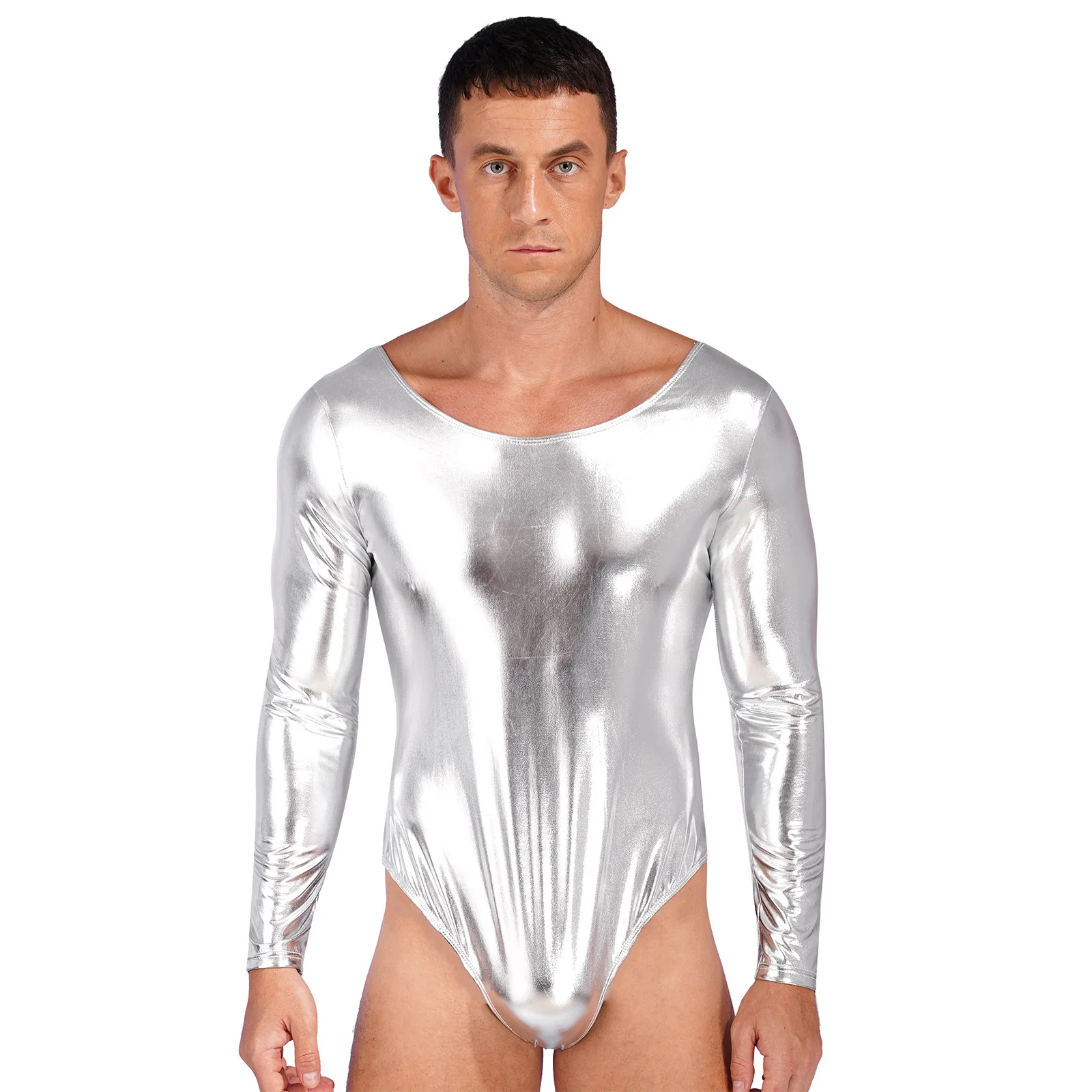 Mens  Shiny Patent Leather Bodysuit Lingerie One-piece Monokini Bodycon CostumeLong Sleeves Gymnastic Leotard Festival Dancewear