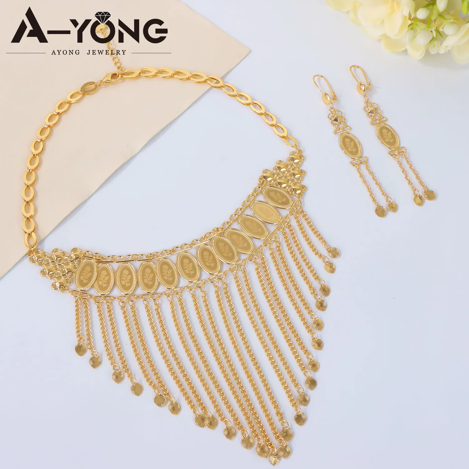 Ethiopian Bridal Wedding Jewelry Set 21k Gold Plated Tassel Floral Abaya Necklace Earrings Habesha Women Event Party Jewelrys