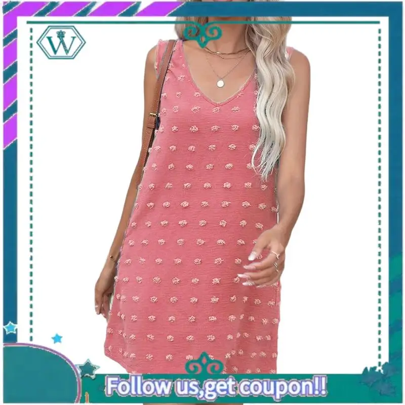 A09P Dames Casual Zomerzonjurken Polka Dot Beach Cover Up V-hals Mouwloze Tankjurk Met Zakken
