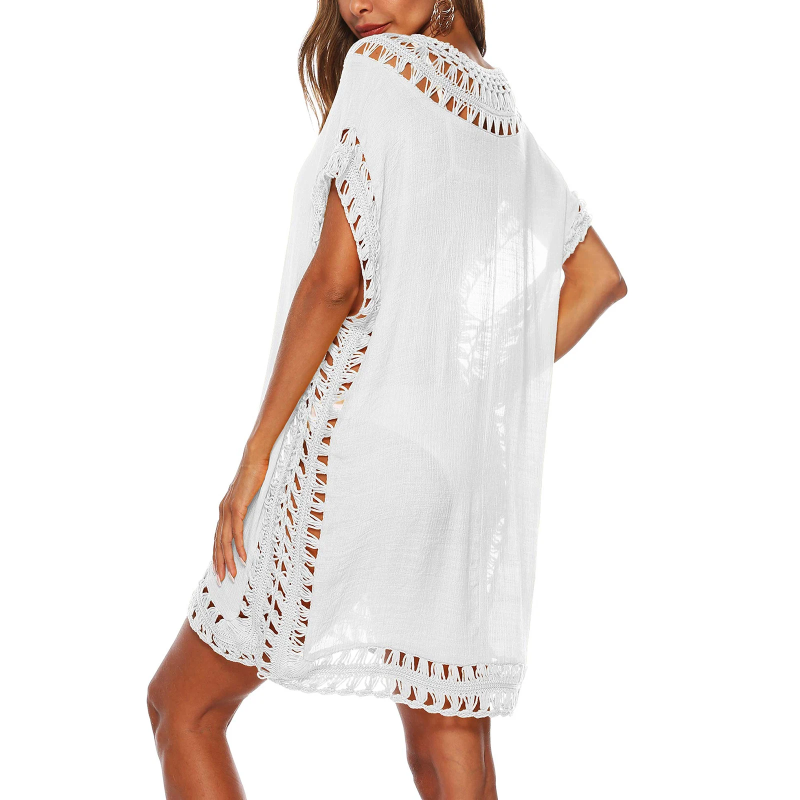 Womens Beach Cover Up Solid Color V Neck Short Sleeve Crochet Dress Sarongs for Women Beachwear Beach Kaftans