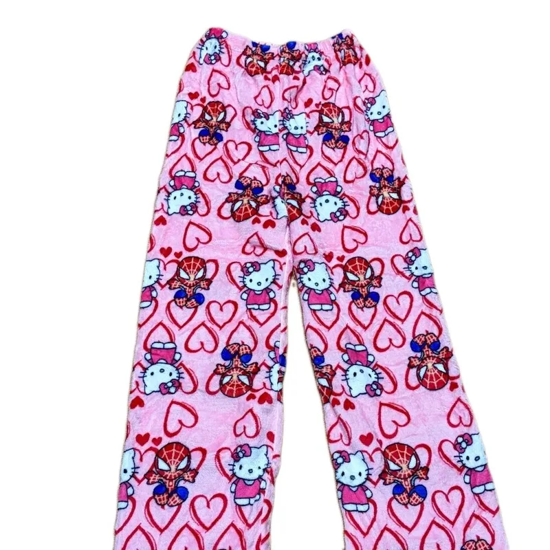 Pantalon de pyjama en flanelle Hello Kitty, pantalon en polaire rose chaud, pantalon décontracté pour les meilleures amies, parfait pour les soirées !