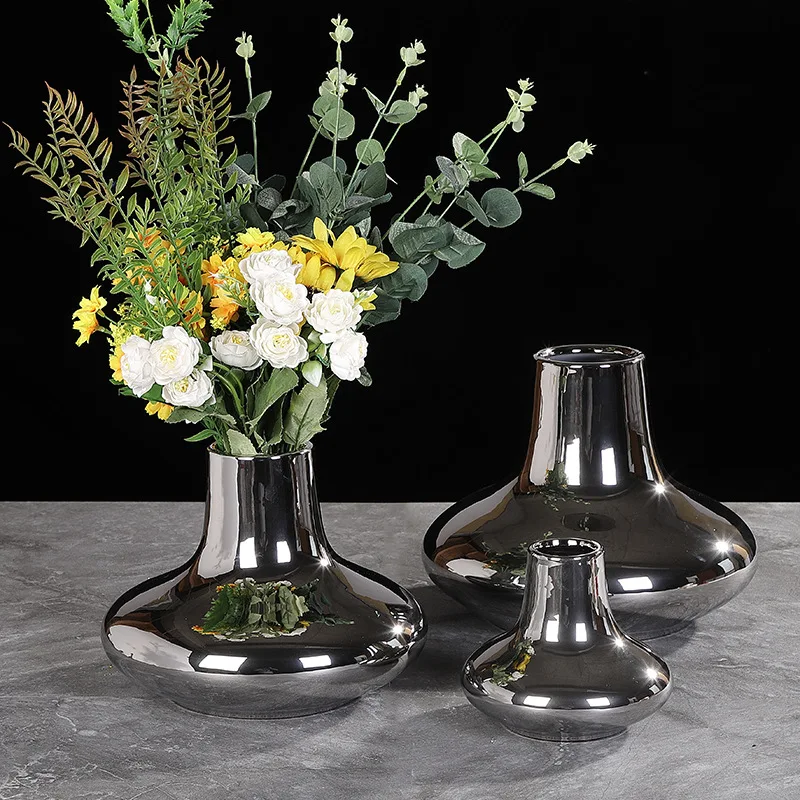 1pc Electroplated Silver Ceramic Vase Living Room Desktop Decoration Home Decoration Flower Planter Ceramic Hydroponic Container