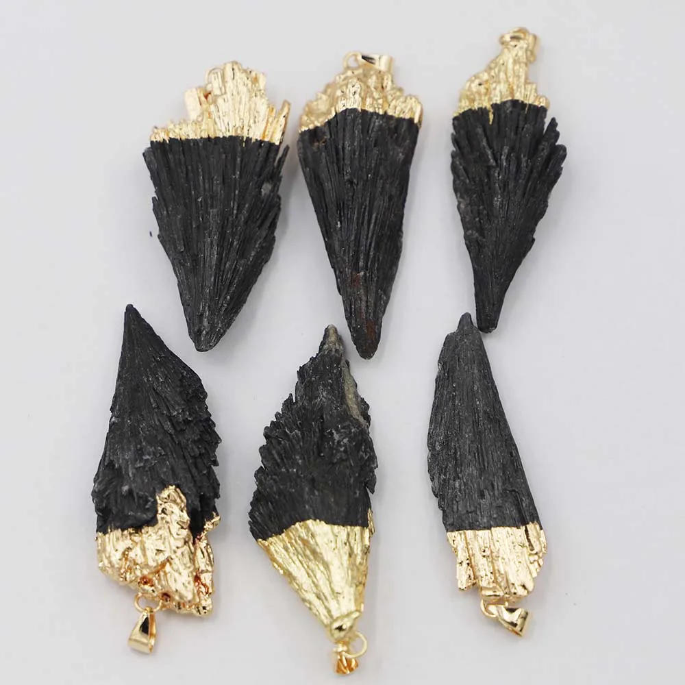 6PCS Natural Black Tourmaline Raw Stone Fan Pendants Charms Healing for Necklace Jewelry Making Wholesale 6Pcs