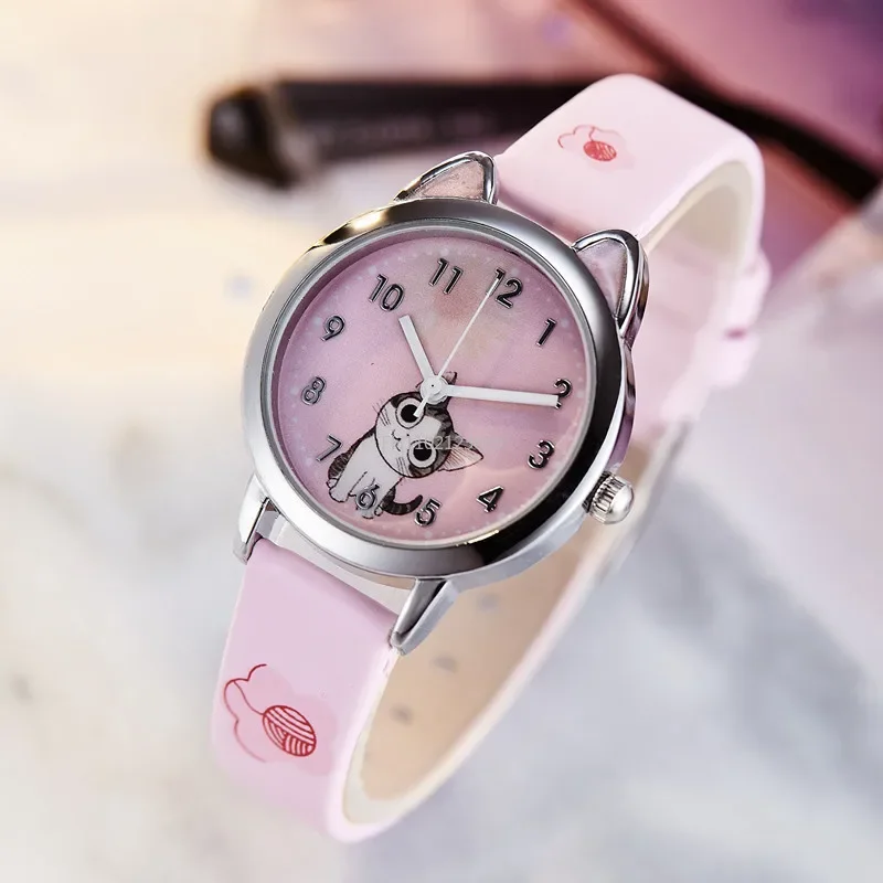 Cute Cheese Cat Pattern Kids Watches Girls Quartz Analog Child Watches for Women Student Clock Gift Relogio Feminino