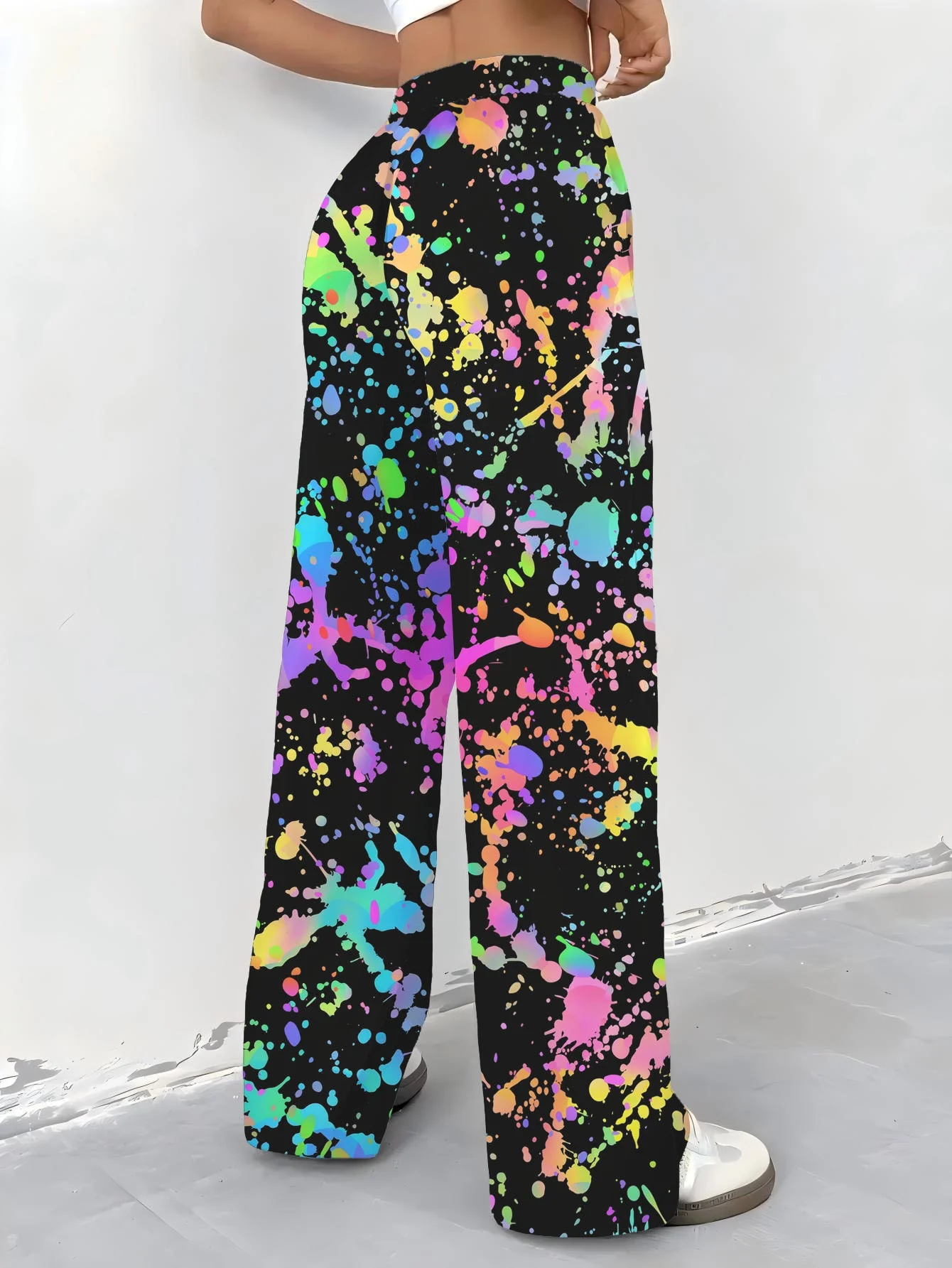 2026 Black Rainbow Paint Splatter Fashionable Pants Quick Drying Women's Elastic Waist Trousers Kids Y2K Streetwear Style - Image 2