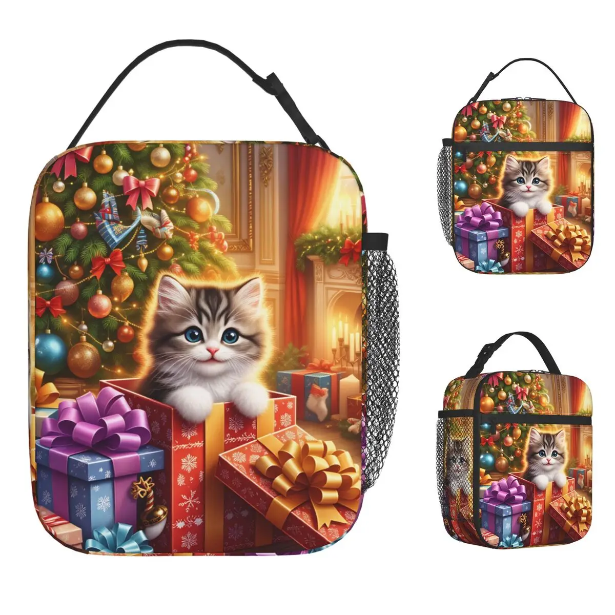 Christmas Cats Adorable Kittens In Festive  Lunch Bag Leisure Lunch Box Office Thermal Tote Handbags For Adult Oxford Cooler Bag