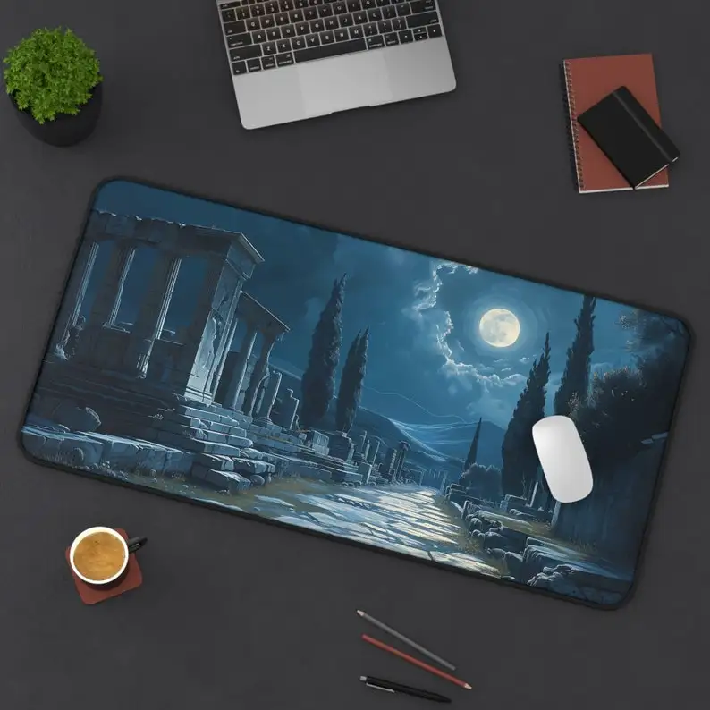 Greek Ruins Mouse Pad At Night,Full Moon Landscape Theme Table Pad,Non-Slip Waterproof Gaming Mousepad, Perfect Gift for Friends