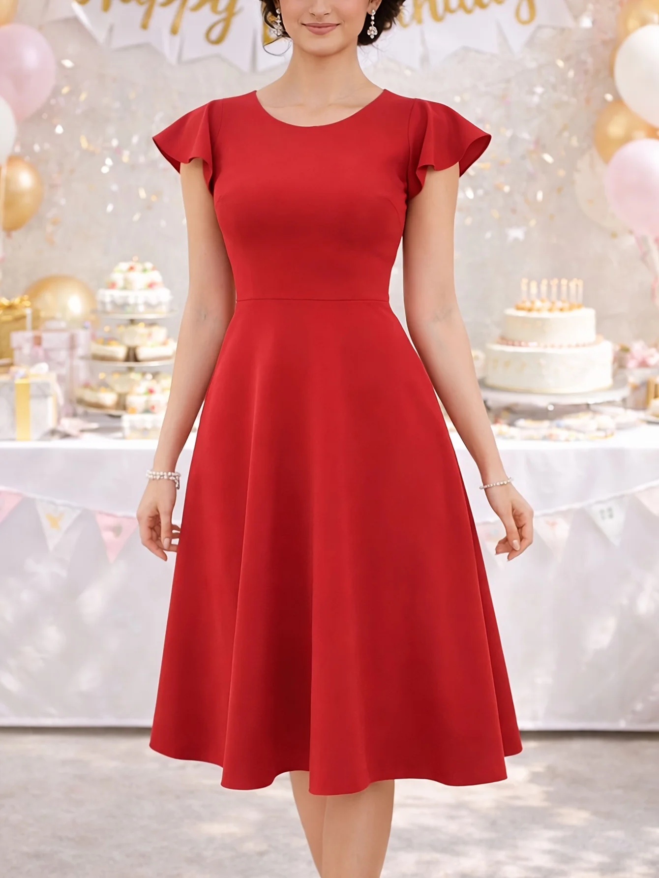 Womens Crew Neck Elegant 1950s Red Vintage Office A-Line Rockabilly Ruffle Sleeve R Casual Artistic Slim Fit And Flare Swing Dre