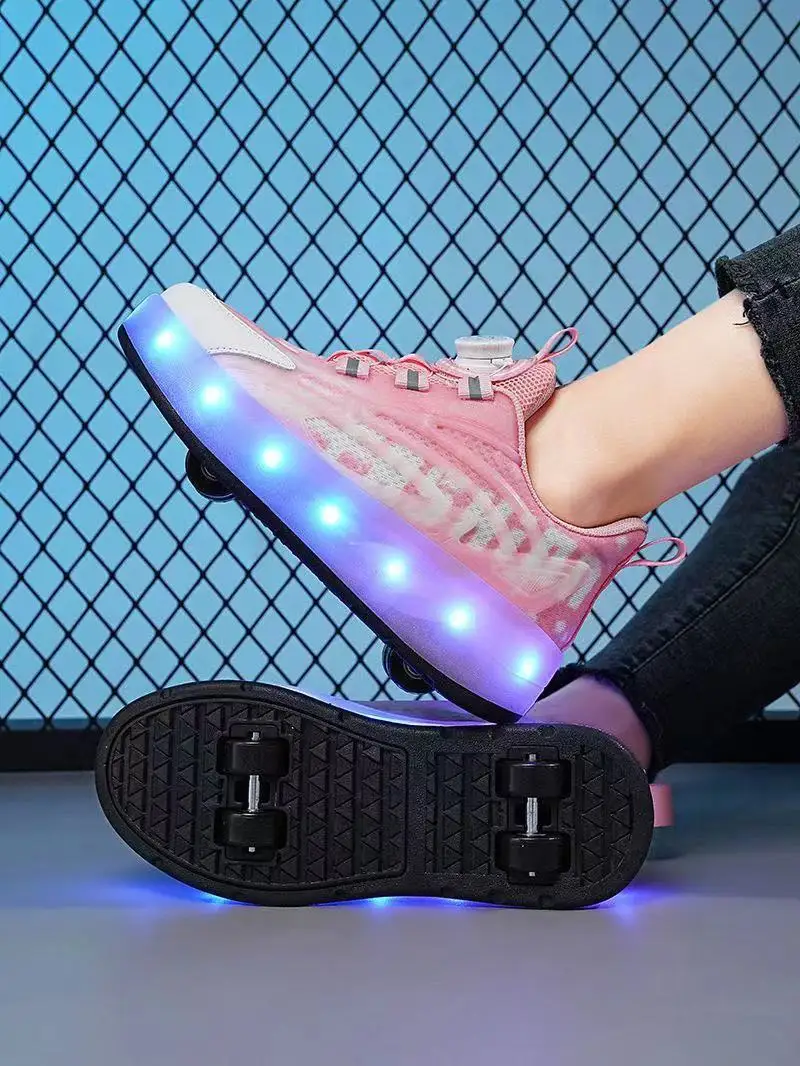 Patins recarregáveis casuais para crianças e adultos, sapatos de caminhada voadores, luzes coloridas destacáveis de 4 rodas, fivela rotativa