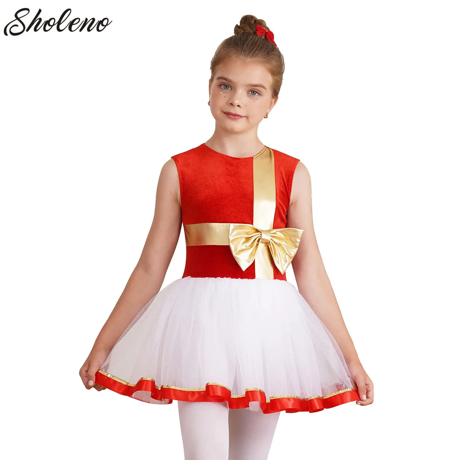 

Kids Girls Christmas Costume Sleeveless Keyhole Back Bow Sequin Dance Dress Leotard Party Costume Santa Claus Dancewear
